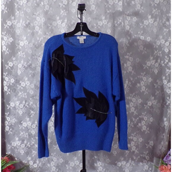 80s Cocktail Sweater Vintage 1980s Blue & Black New Wave Retro Angora Size Large - Picture 1 of 7